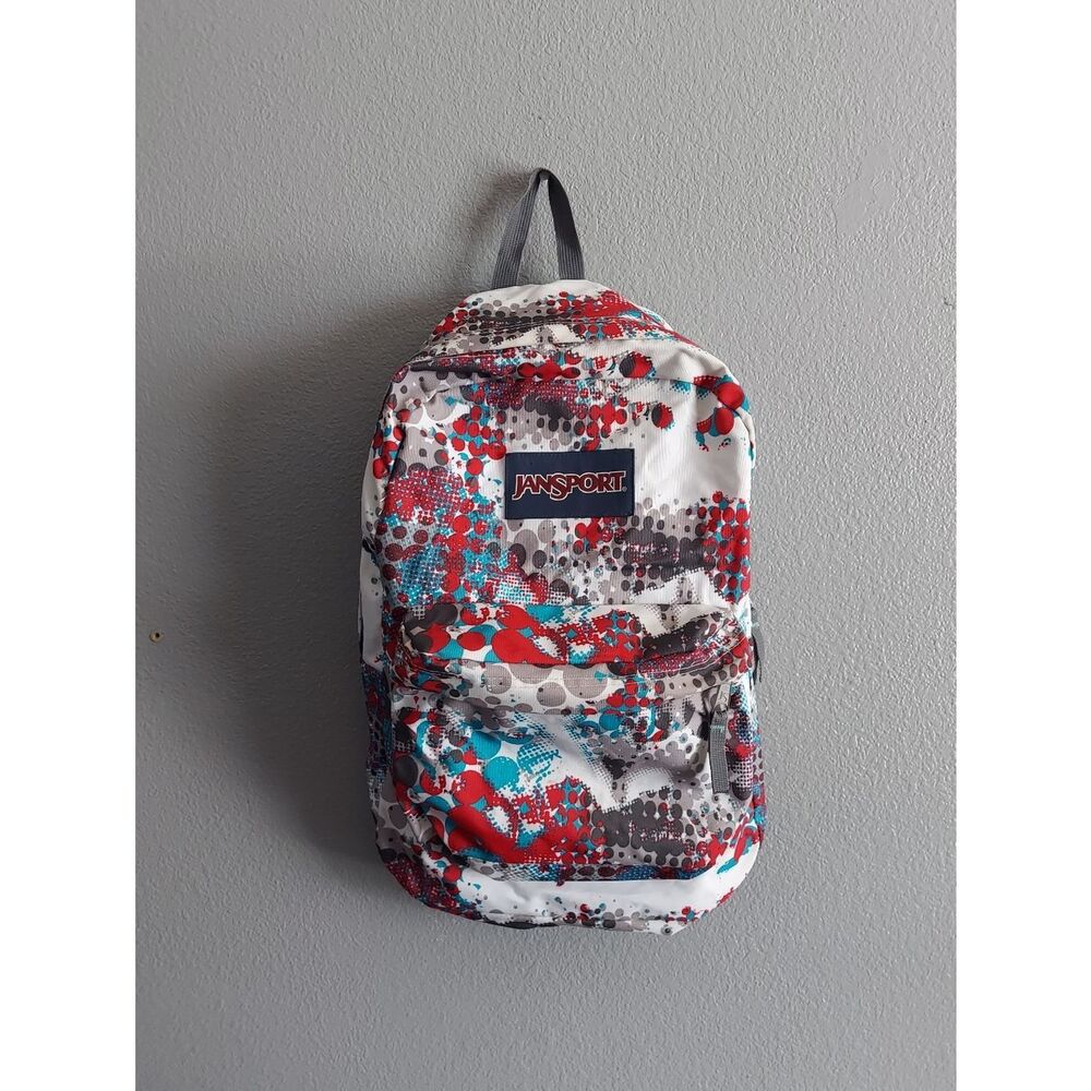 Jansport White Backpack with Red, Gray and Teal Graphic Print